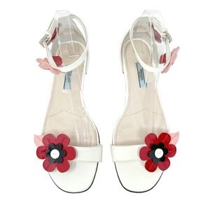 Prada Floral Sandals Patent Leather Ivory Ankle Strap Flats 39